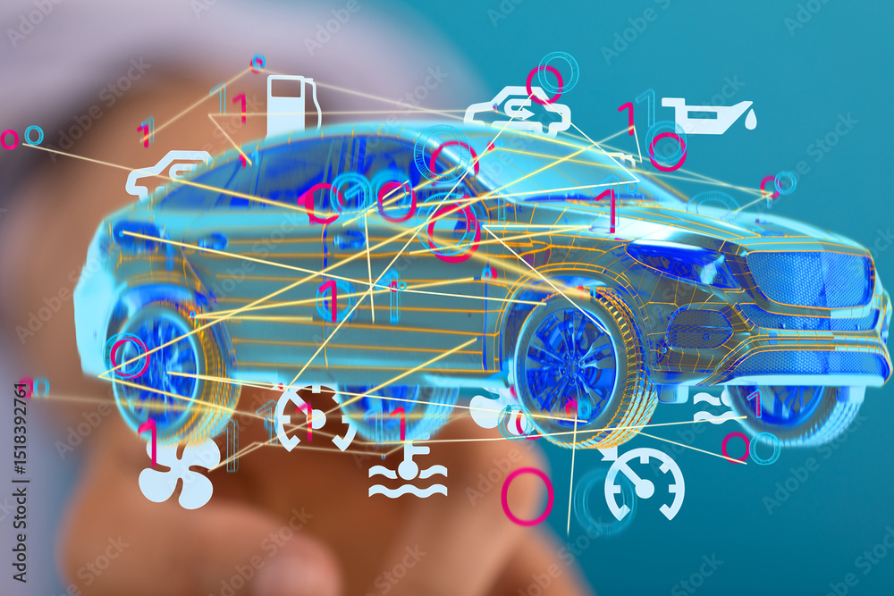 Poster Futuristic car technology concept.  Digital visualization of vehicle data and diagnostics.