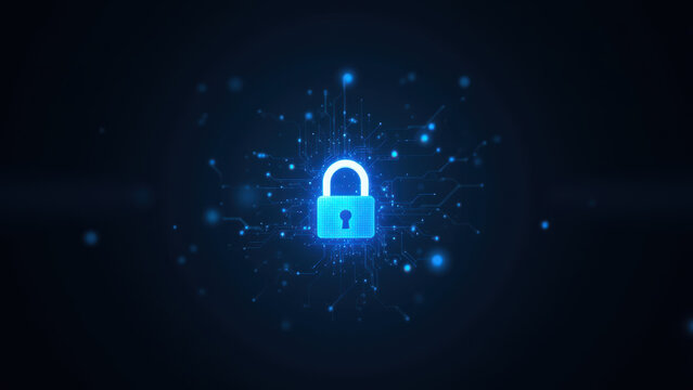 A glowing blue lock icon representing cybersecurity.