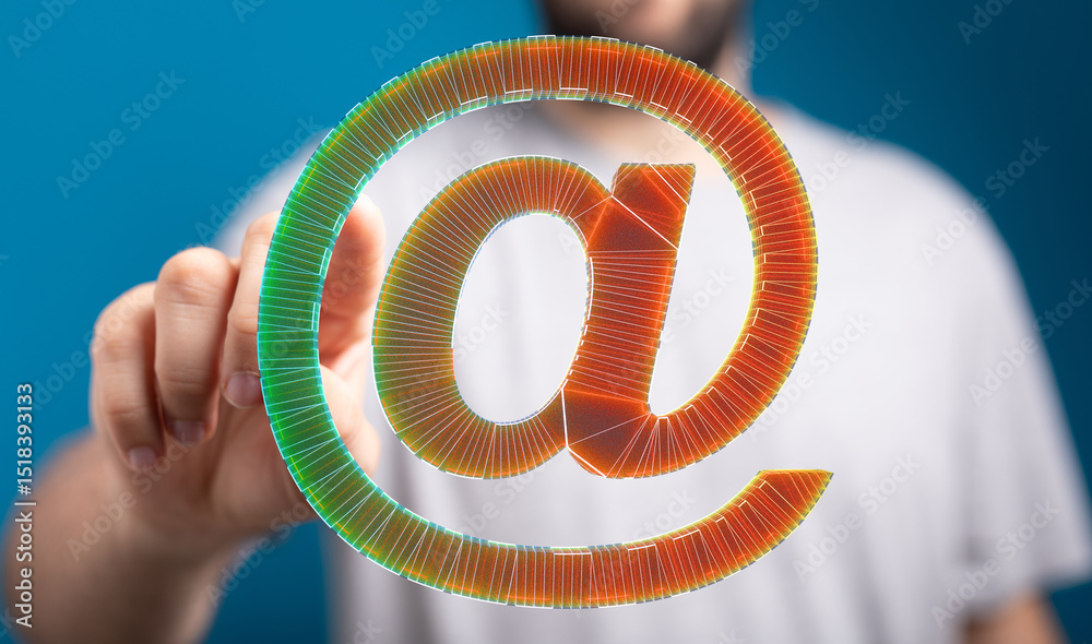 Poster abstract image of a person's hand interacting with a glowing email symbol. perfect for technology, c