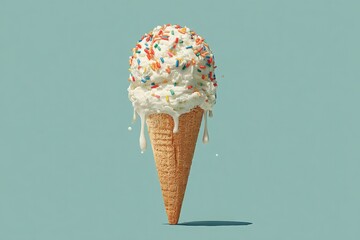 Ice cream cone with melting vanilla scoop topped with colorful sprinkles, set against a soft pastel background, evoking a sense of summer delight and indulgence
