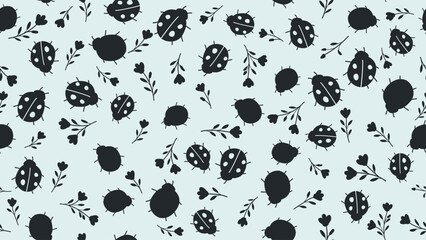 Fototapeta premium Ladybug and flower seamless pattern modern print in black color. fabric, wallpaper, covers, cards, wall art, posters and decoration