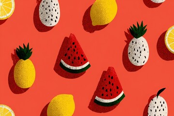 Colorful flat illustration of assorted fruits including watermelon, pineapple, lemon, and dragon fruit arranged on a vibrant coral background, showcasing a playful and fresh design concept