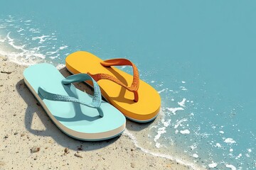 Colorful flip flops in vibrant blue and yellow resting on sandy beach, with gentle waves lapping at the shore, creating a relaxing summer atmosphere and inviting vacation vibes