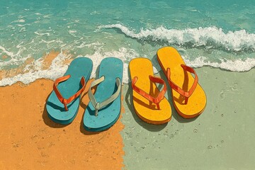 Colorful flip flops in blue, green, orange, and yellow are placed on sandy beach, with gentle waves lapping at the shore, evoking a relaxed summer atmosphere and vacation vibes