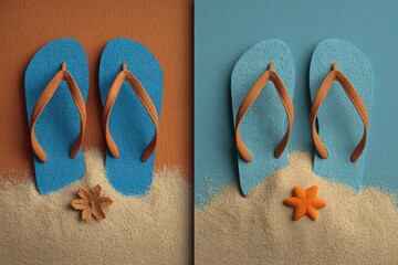 Colorful flip-flops resting on sandy beach surfaces, one side orange and the other blue, with decorative starfish accentuating the vibrant summer atmosphere and playful beach vibes