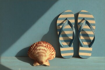 Colorful striped flip flops placed beside a seashell on a wooden surface, creating a vibrant beach-themed atmosphere with a playful summer vibe and inviting coastal feel