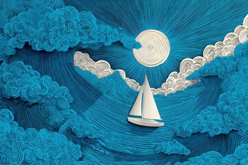 Paper cut illustration of a sailboat navigating through swirling blue waves under a bright sun, showcasing the beauty of nature and artistic craftsmanship in a vibrant scene