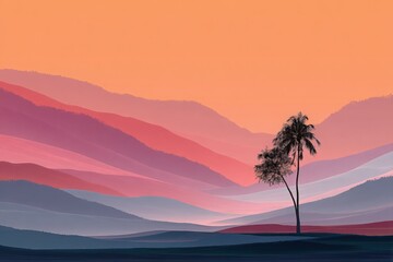 Serene landscape featuring a solitary palm tree against a backdrop of rolling hills, bathed in warm hues of orange and pink during sunset, creating a tranquil atmosphere