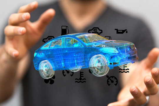 3D wireframe car with digital dashboard icons.  Perfect for auto repair, technology, and innovation concepts. - Powered by Adobe