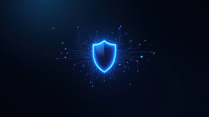 An image featuring a blue shield with digital elements like circuit lines and dots against a dark background, symbolizing cybersecurity and internet safety.