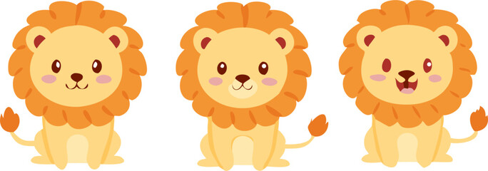 Obraz premium Cartoon lion characters, cute animal icons, yellow lion illustrations, smiling lion faces isolated on Transparent Background