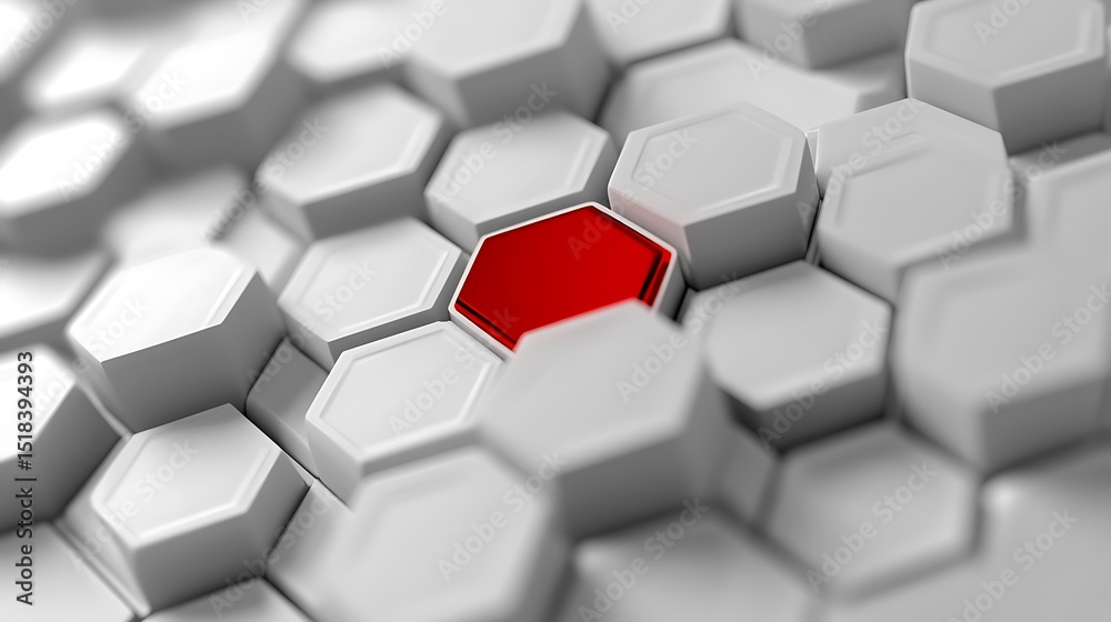 Aufkleber Hexagonal Pattern with Red Highlight, White Hexagons, 3D Geometric Background