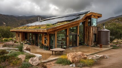 A stunning image of eco home with solar roof, rainwater harvesting system, modern sustainable design.
