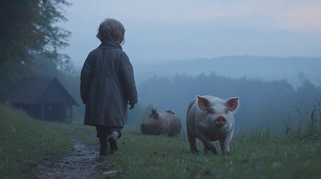 Child and pigs on a misty path - Powered by Adobe