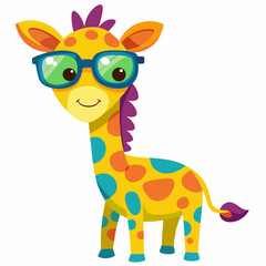 Obraz premium Cartoon Colorful Giraffe with Sunglasses Isolated on White Background