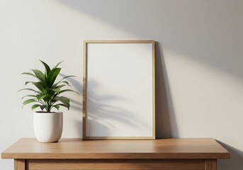 Fototapeta premium Picture frame mockup with plant on wooden table against a white wall background