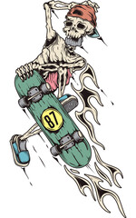 Original illustration in vintage style. The skeleton doing a trick on a skateboard. T-shirt design, design element.