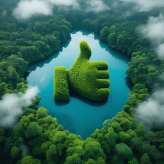 Green thumb forming a like shape, set against a backdrop of dense forest