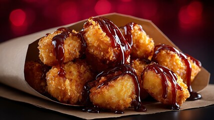 Glossy, sauce-drizzled nuggets in a folded paper bucket, rich burgundy background