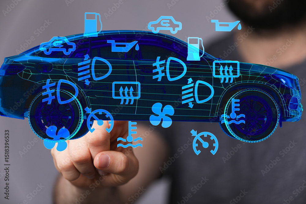 Poster Innovative car technology.  Interactive dashboard display showing car diagnostics and maintenance alerts.