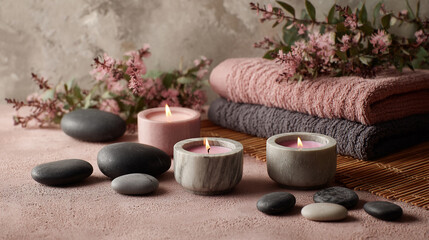 Spa setting with candles, towels, stones and flowers, showcasing tranquility and relaxationPerfect for wellness or beauty concepts