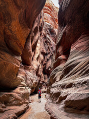 Narrow sandstone walls and dramatic light in Buckskin Gulch, one of the longest slot canyons in the Southwest.  textured rock formations and the stunning depth of this remote Utah slot canyon