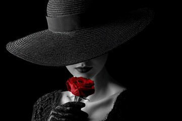 A woman in a black hat holding a red rose against a black background
