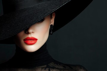 A woman in a black hat with bright red lipstick