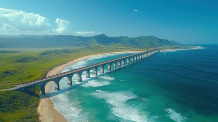 Panoramic view of a long, arched bridge spanning a beach and ocean