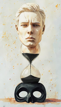 testa umana e teschio agli antipodi di una clessidra che si svuota simboleggiando il passare del tempo, human head and skull at the antipodes of an hourglass that is emptying, symbolizing the passage 