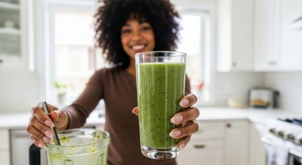 Smiling woman with dark curly hair offers green smoothie, symbol of healthy lifestyle