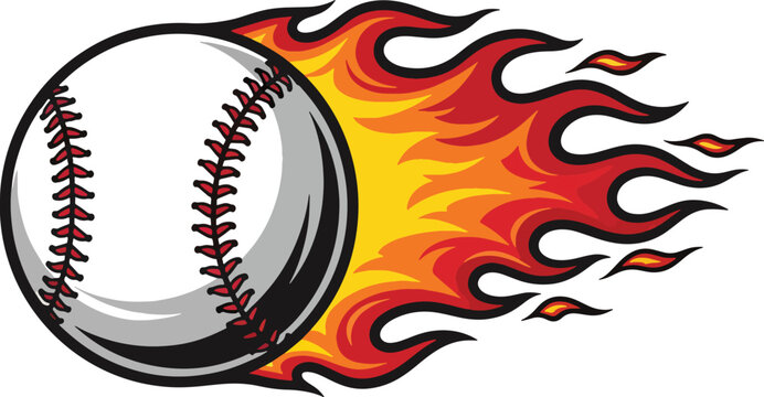 A baseball on fire with fiery flames represents high speed power and athleticism