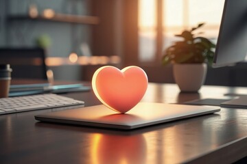 Employee Mental Wellness at Work &ndash; Balancing Tasks and Emotions, A glowing heart icon in a 3D illustration, symbolizing love and emotion against a vibrant background.