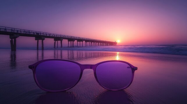 Purple sunglasses on beach at sunrise reflecting on water. - Powered by Adobe