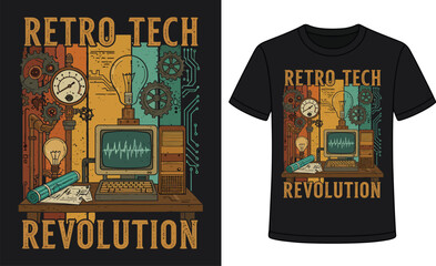 Retro Tech Revolution T-Shirt Design | Vintage Computer Art with Steampunk Elements | Old School Technology Theme for Geeks, Engineers, Coders | Circuit Board & Gear Aesthetic for POD