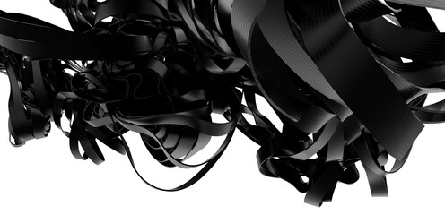 Intricate black ribbons swirl in a chaotic 3D render, perfect for abstract backgrounds or design projects.