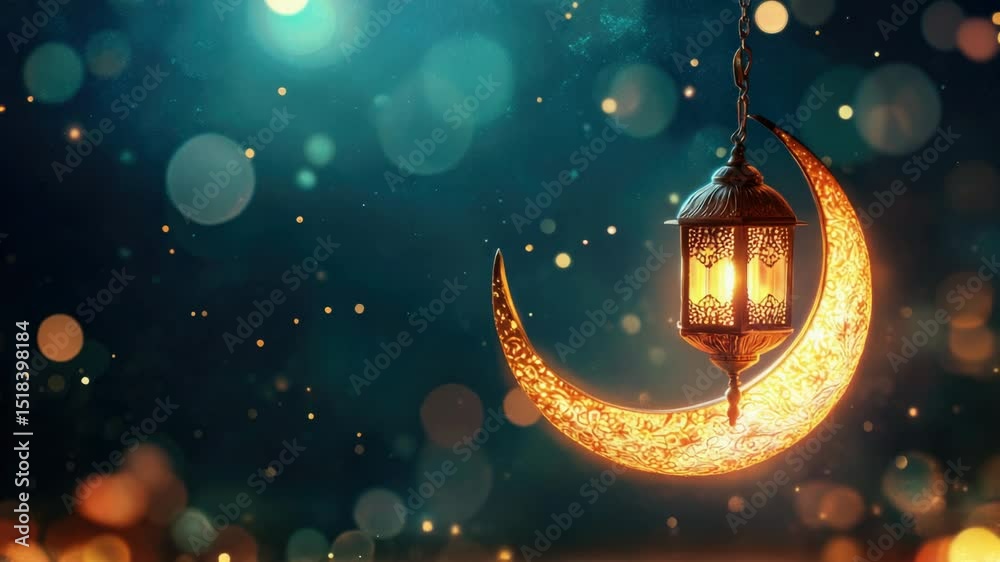 Poster a lantern hangs from the side of a crescent moon shape, potentially used for decoration or navigatio