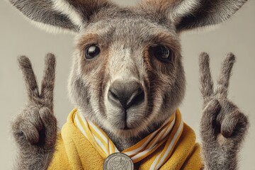 Obraz premium Kangaroo wearing a gold jacket making peace signs with both hands