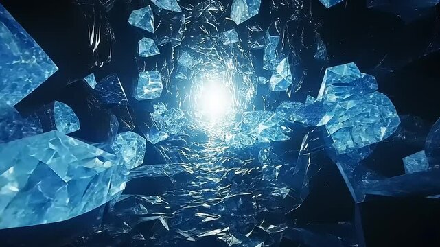 Mesmerizing journey through a crystal cave with a bright light at the end of the tunnel