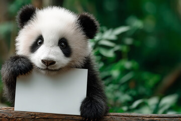 Obraz premium A baby panda holding a white sign. Concept of innocence and curiosity, as the panda is holding a blank sign, possibly waiting for something or someone to write on it