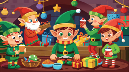 Fototapeta premium Christmas Elves Preparing Gifts in a Cozy Workshop