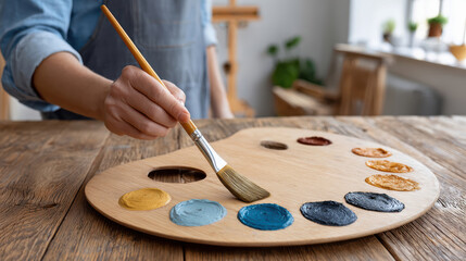 Relaxation in everyday life solo artist mixing paint on palette in natural light cozy studio environment