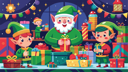 Fototapeta premium Cheerful Christmas Elves Preparing Presents in a Festive Workshop