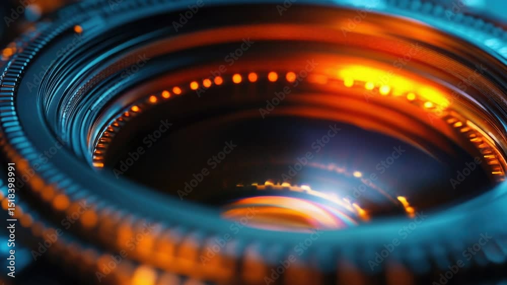Poster a close-up shot of a camera lens with a blurred background