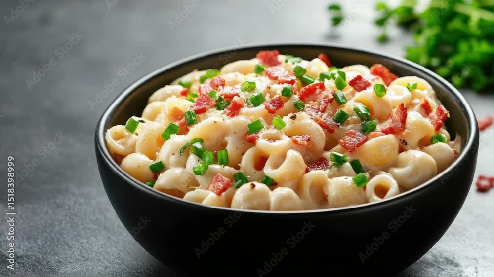 Poster a serving of macaroni topped with crispy bacon and fresh green onions