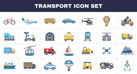 Transportation icon illustrations, Flat design. Contains such icons as Transport, Camping, Flight, Hiking, Hotel, Map, Outdoors, Dining, Vacation, Tourist.
