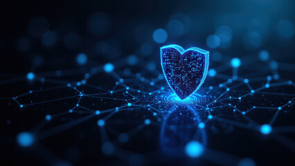 Illustration featuring a networked heart with a digital protection theme against a blue grid backdrop.