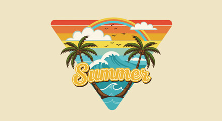 Retro Summer Design Featuring Palm Trees Waves and Rainbow