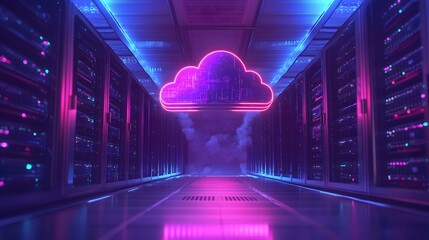 Data Cloud in server room: A futuristic data server room illuminated with neon lights, showcasing a luminous cloud symbol floating, symbolizing modern cloud computing and data storage.