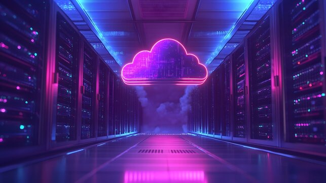 Data Cloud in server room: A futuristic data server room illuminated with neon lights, showcasing a luminous cloud symbol floating, symbolizing modern cloud computing and data storage.